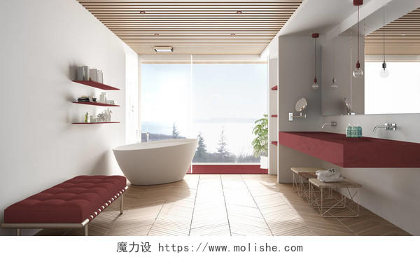 豪华现代白色和红色浴室简约建筑